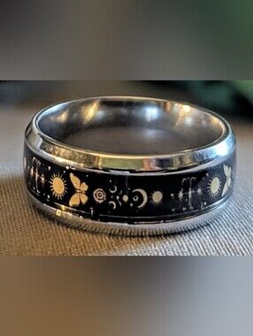 Silver 316L Stainless Steel Black Inlay Celestial Band Ring Sz 8